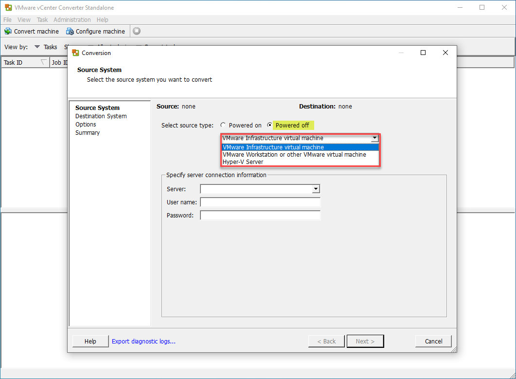Using VMware Converter to Converter powered off virtual machines