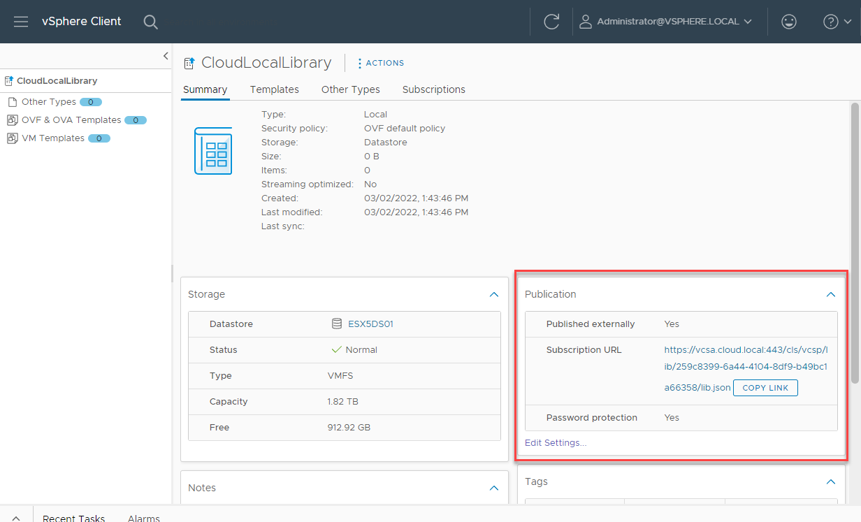 Viewing the settings of a newly created VMware Content Library