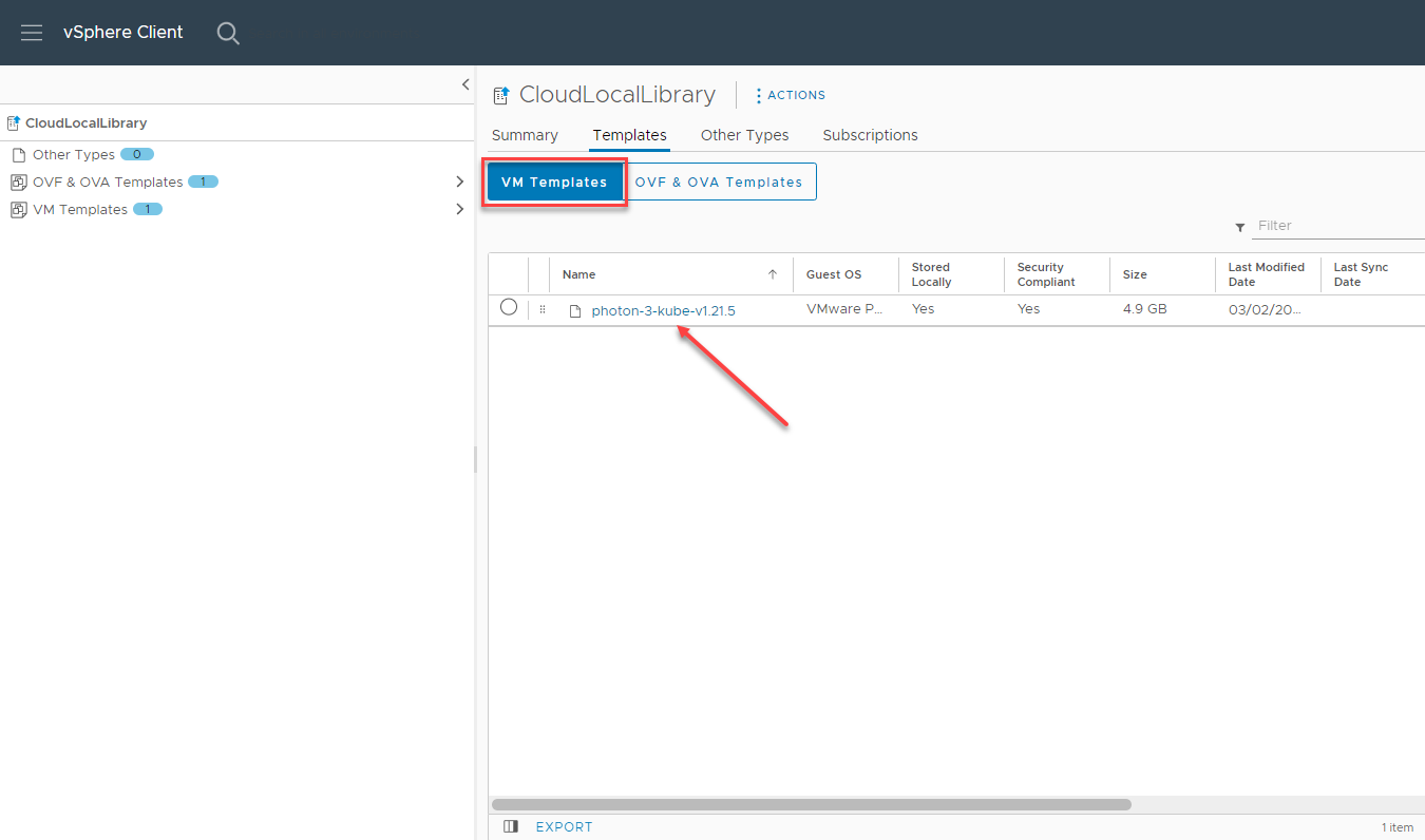 Viewing the VM template in the Content Library