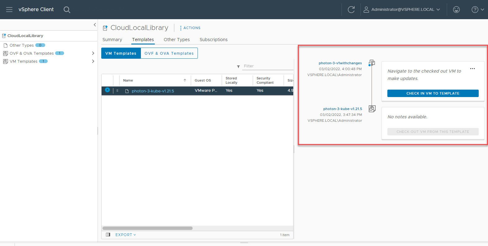 Virtual machine template is checked out and deployed as a virtual machine in inventory