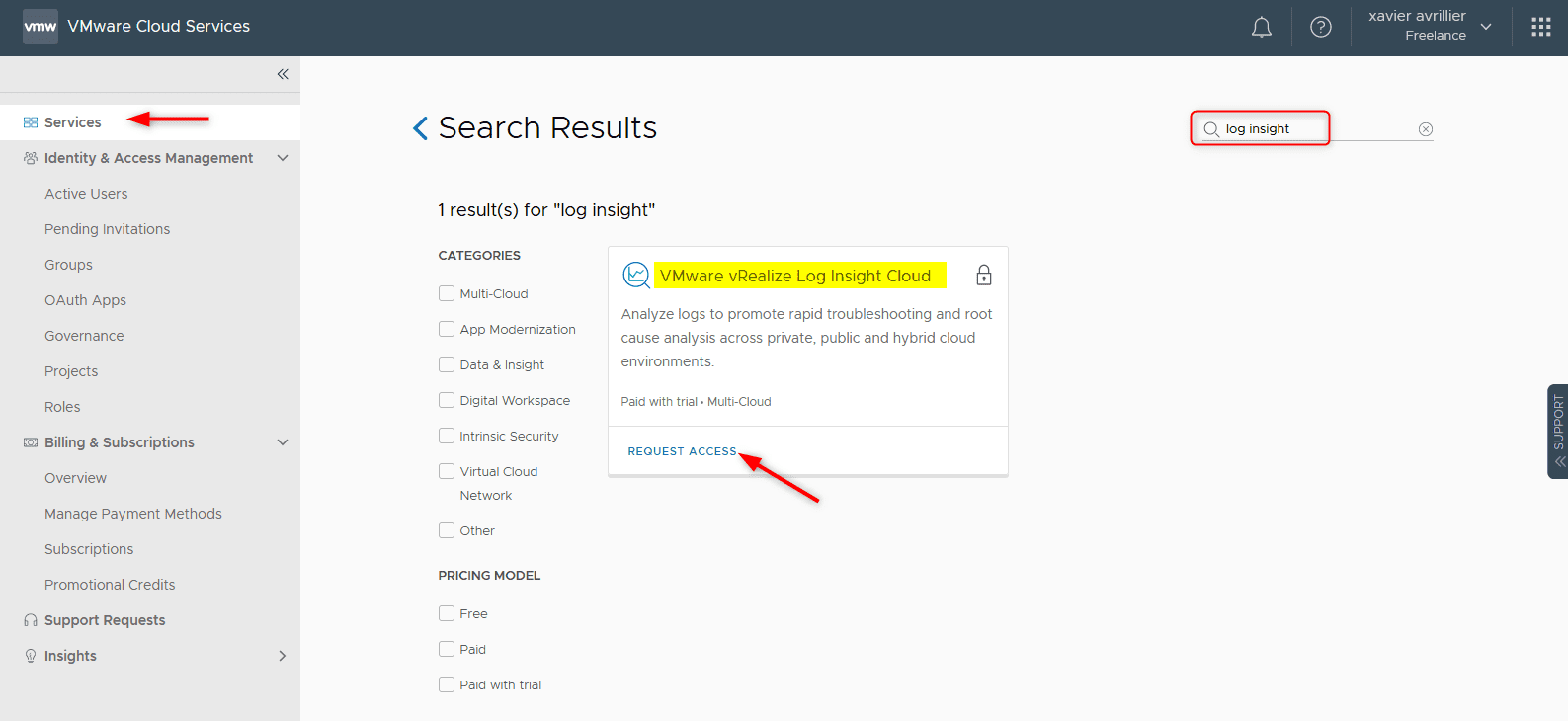 VMware Cloud Services console