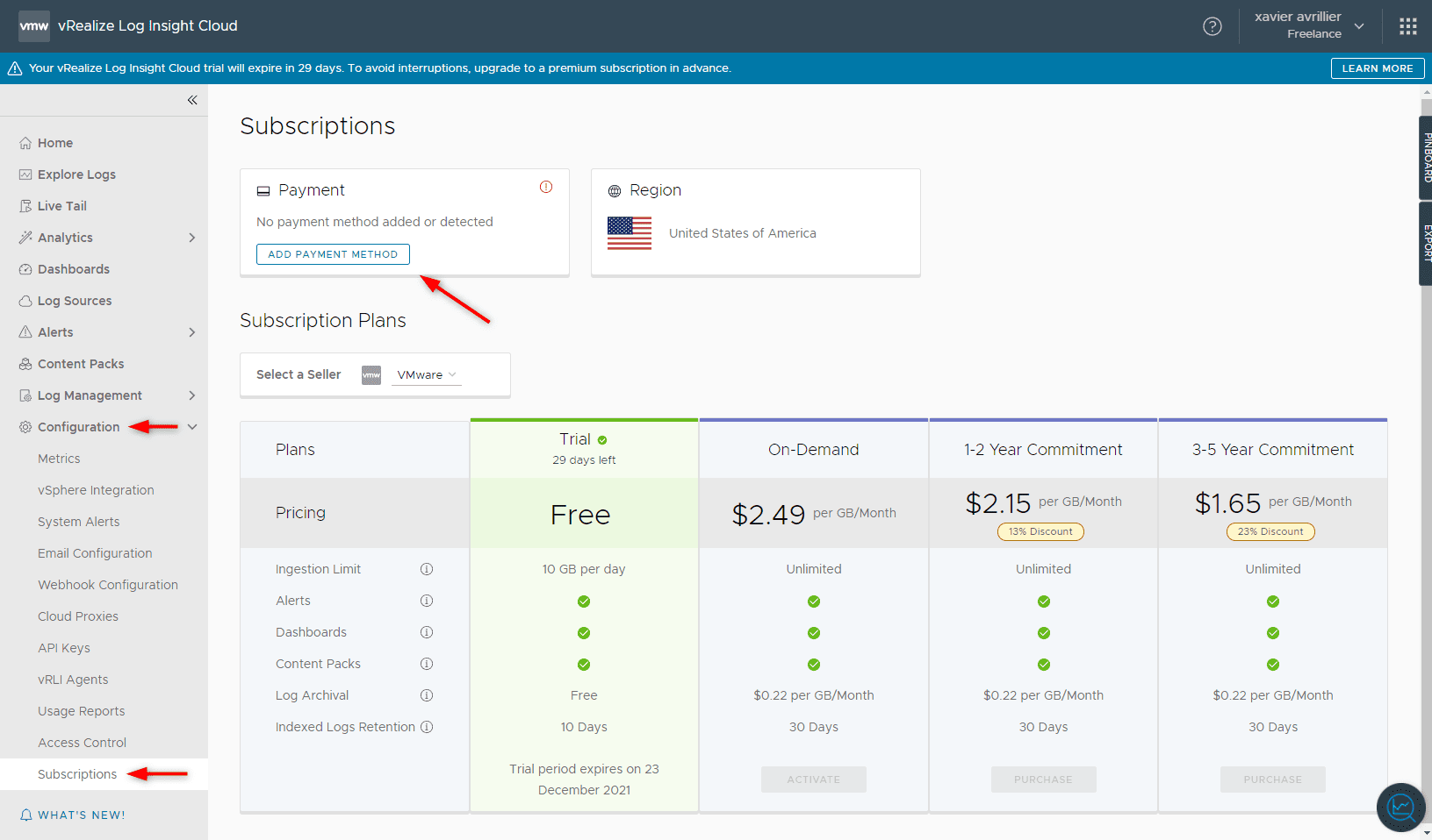 vRealize Log Insight Cloud Premium subscription will vary in price according to the time commitment.