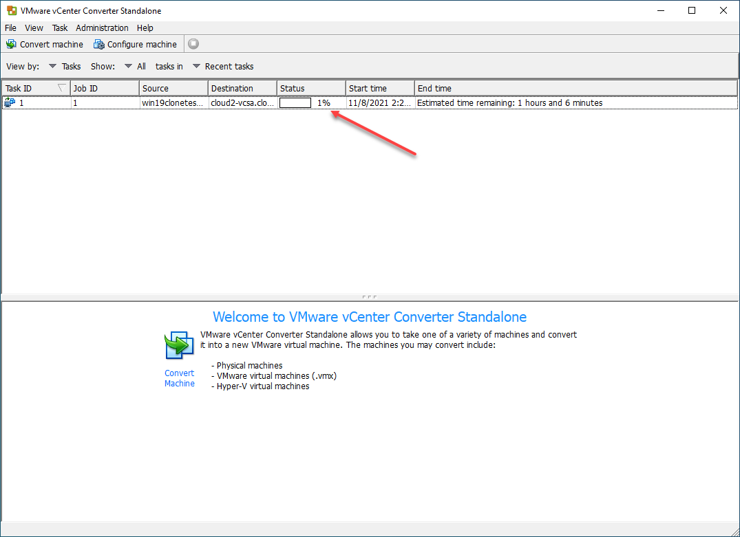 Windows host conversion progressing in VMware Converter